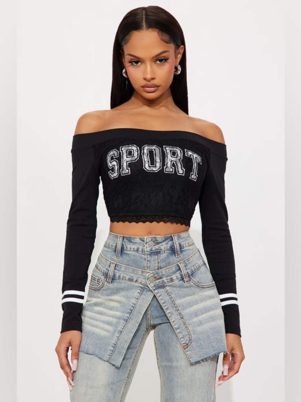 Sporty Gal Off Shoulder crop Top Black lace detail